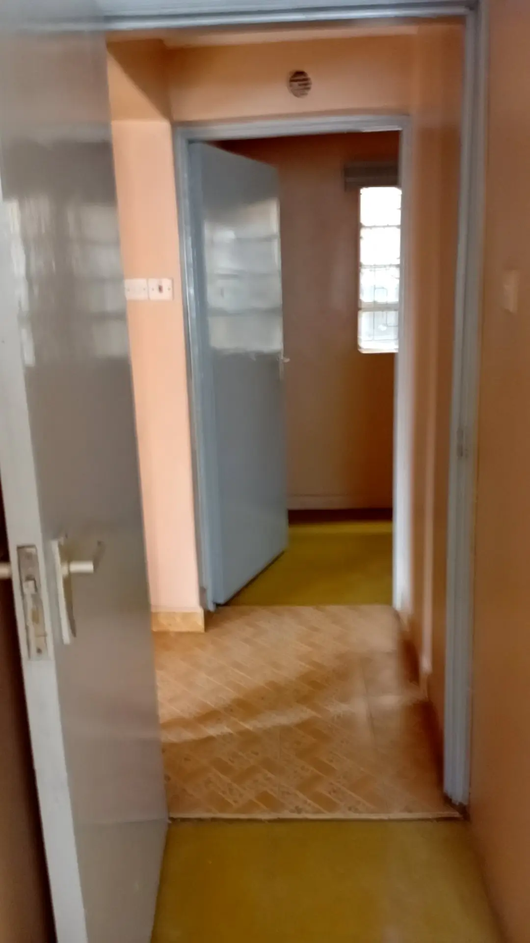 Narrow hallway with wooden flooring and blue door