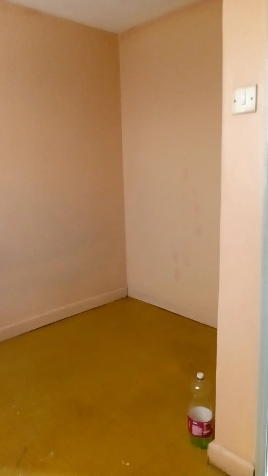 Empty corner room with peach walls and yellow flooring