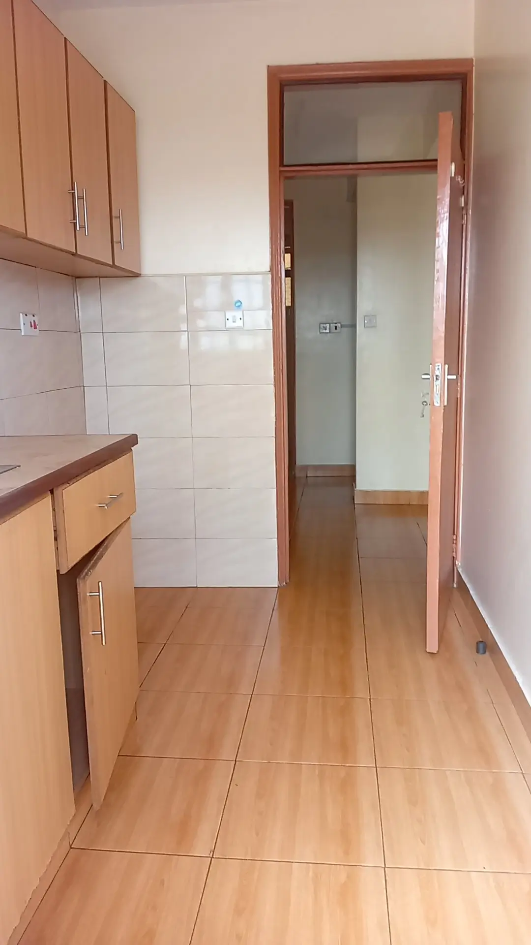 Compact kitchen with wooden cabinets and tiled backsplash